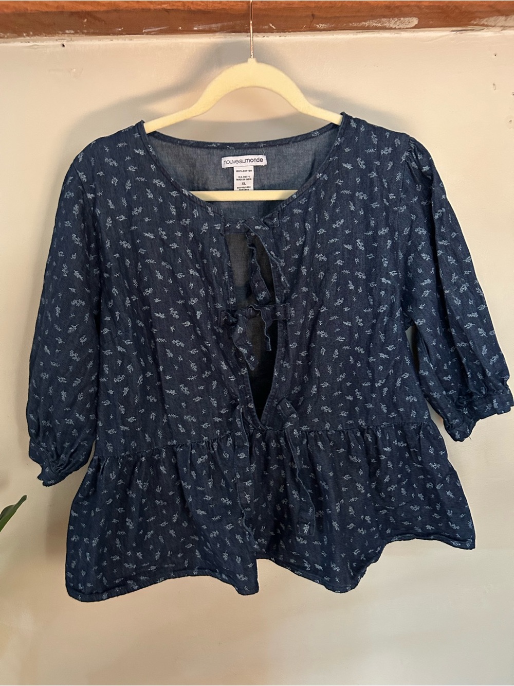 Navy Peasant Tie-Front Top